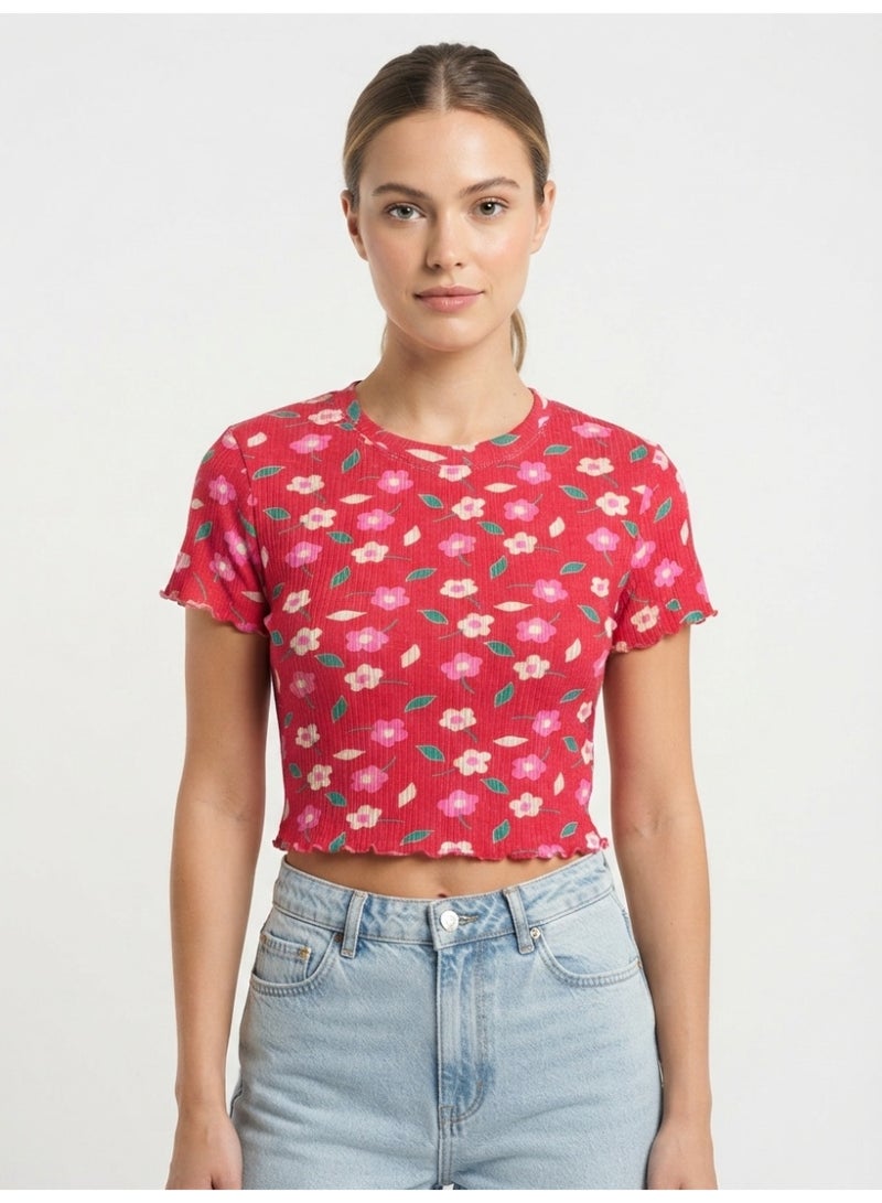 LOUD UNIVERSE Women's Red Floral Ribbed Cropped T-Shirt with Short Sleeves and Lettuce Hem - Image 1