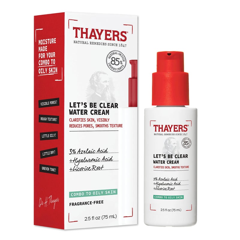 THAYERS Lets Be Clear Water Face Cream Moisturizer with Azelaic Acid and Hyaluronic Acid Skin Care for Combination to Oily Skin 25 Oz