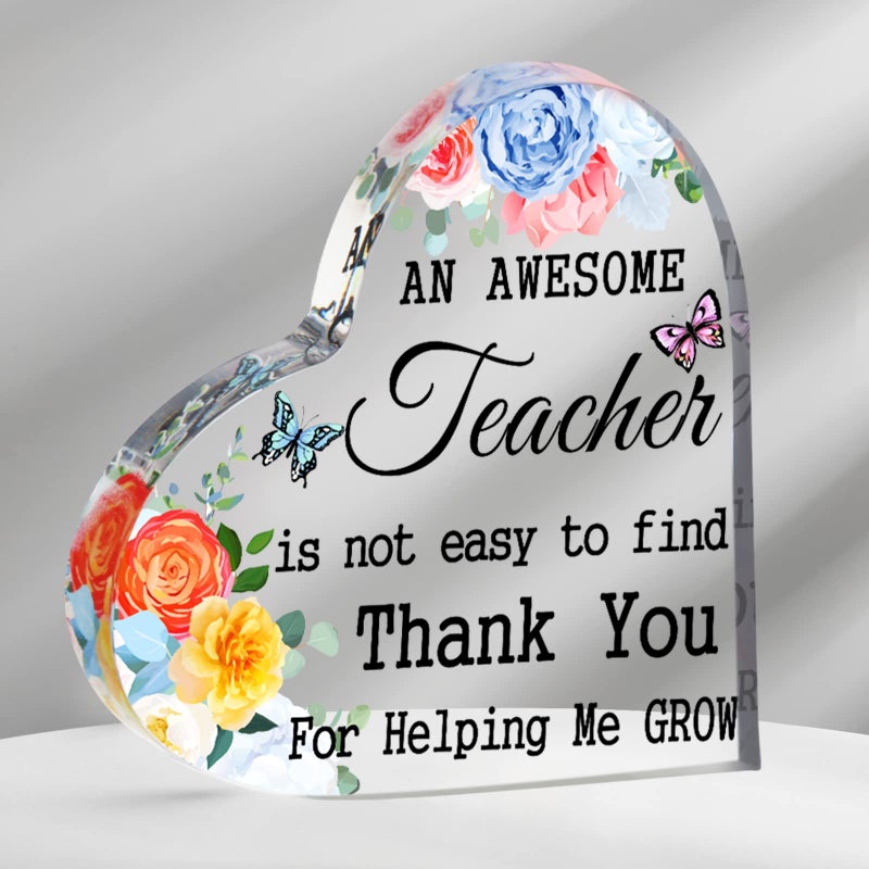 Yookeer Teacher Appreciation Gifts for Women Men Acrylic Heart Sign Keepsake Paperweight Plaque Thank You Motivational for Christmas Teacher School GiftsFlower4 x 4 Inch