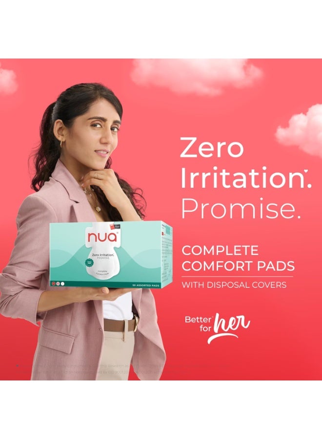 نوا فوط صحية Nua Complete Comfort للبشرة الحساسة | عبوة من 50 فوطة (12 للتدفق الغزير، 20 للتدفق المتوسط، 18 للتدفق الخفيف) مع أغطية للاستخدام مرة واحدة | لا تسبب أي تهيج | حماية مريحة طوال اليوم | رقيقة للغاية | فائقة الامتصاص | لا تسبب طفحًا جلديًا | ظهر أعرض بنسبة 50% | تم اختبارها من قبل أطباء الجلدية - Image 2