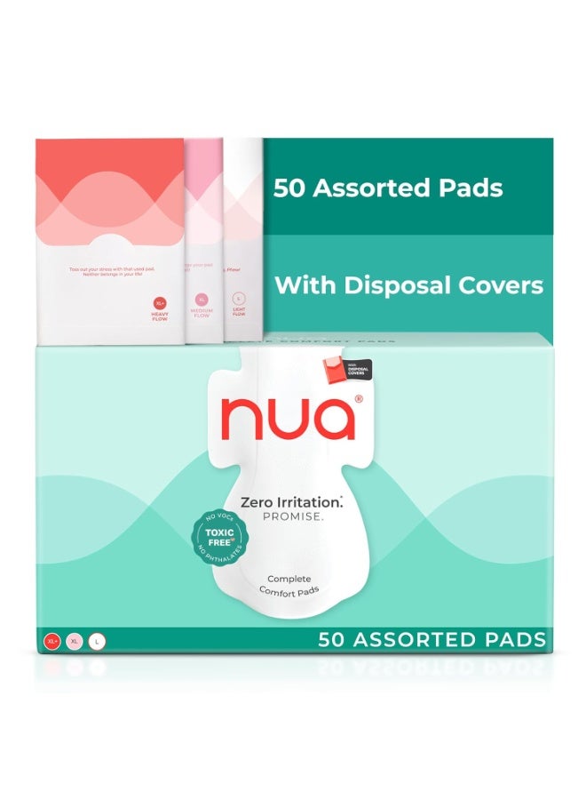 نوا فوط صحية Nua Complete Comfort للبشرة الحساسة | عبوة من 50 فوطة (12 للتدفق الغزير، 20 للتدفق المتوسط، 18 للتدفق الخفيف) مع أغطية للاستخدام مرة واحدة | لا تسبب أي تهيج | حماية مريحة طوال اليوم | رقيقة للغاية | فائقة الامتصاص | لا تسبب طفحًا جلديًا | ظهر أعرض بنسبة 50% | تم اختبارها من قبل أطباء الجلدية - Image 1