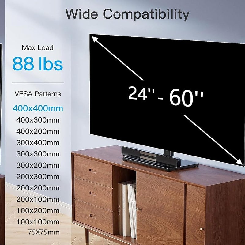 بيرليسميث بيرسميث حامل تلفزيون عالمي دوار - حامل تلفزيون علوي للطاولة لتلفزيونات LCD LED مقاس 32-60 بوصة - حامل تلفزيون بارتفاع قابل للتعديل مع قاعدة من الزجاج المقوى، فيسا 400 × 400 ملم، يحمل ما يصل إلى 88 - Image 2