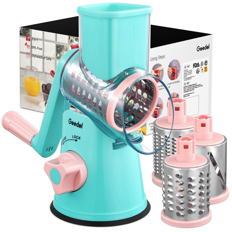 Geedel Rotary Cheese Grater, Kitchen Mandoline Vegetable Slicer with 3 Interchangeable Blades, Easy to Clean Rotary Grater Slicer for Fruit, Vegetables, Nuts - Image 1