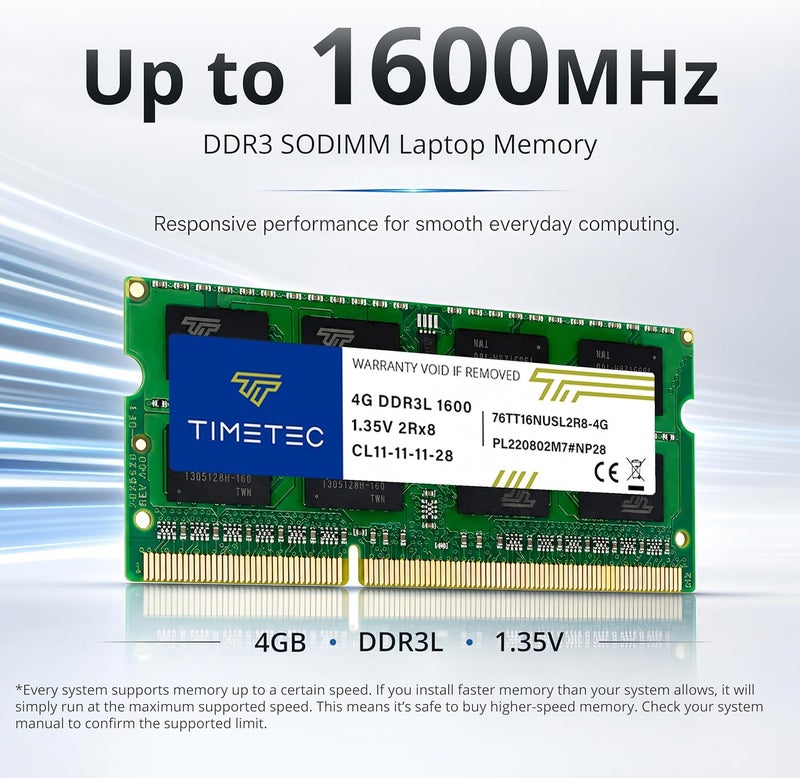 تايم تيك تيمتيك 4 جيجابايت DDR3L / DDR3 1600 ميجاهرتز PC3L-12800 / PC3-12800 غير ECC غير مخزّن 1.35 فولت / 1.5 فولت CL11 2Rx8 ثنائي الرتبة 204 سن SODIMM ترقية وحدة ذاكرة وصول عشوائي للكمبيوتر المحمول والمكتبي (4 جيجابايت) - Image 2