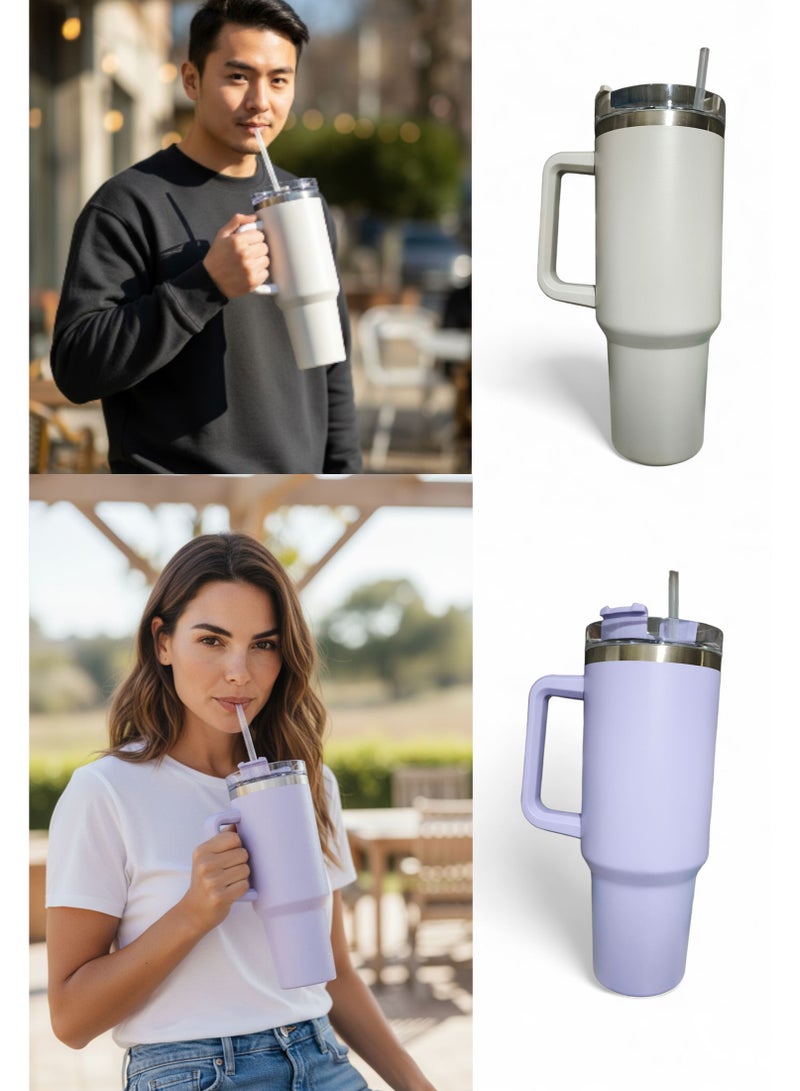 إس إم كوب معزول من الفولاذ المقاوم للصدأ مع غطاء وقشة للماء والشاي المثلج أو القهوة والعصائر وغيرها، 1200 مل، رمادي وأرجواني - Image 1