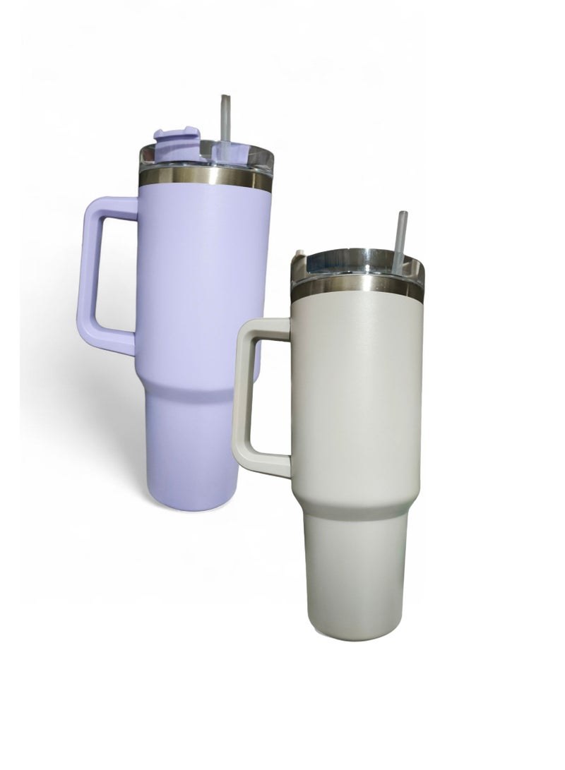 إس إم كوب معزول من الفولاذ المقاوم للصدأ مع غطاء وقشة للماء والشاي المثلج أو القهوة والعصائر وغيرها، 1200 مل، رمادي وأرجواني - Image 2