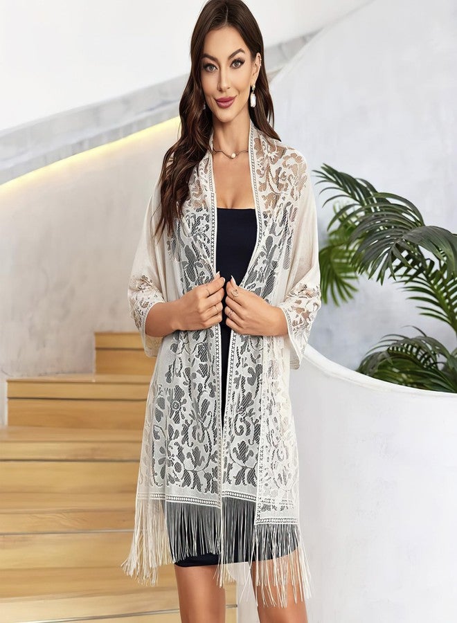 شالات فيميت الزهرية الدانتيلية للنساء - شالات وأوشحة بيج خفيفة الوزن مزينة بشراشيب لحفلات الزفاف وفساتين السهرة لوصيفات العروس (النمط 1 - بيج) - Image 2