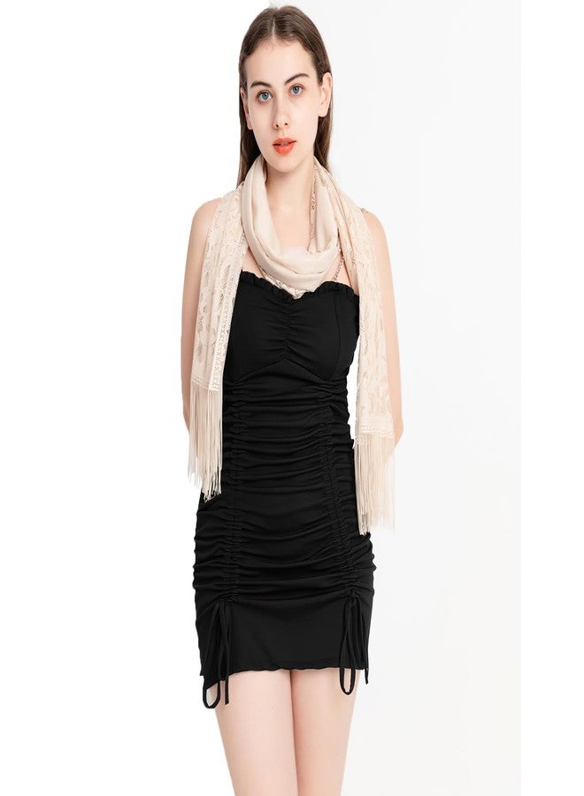 شالات فيميت الزهرية الدانتيلية للنساء - شالات وأوشحة بيج خفيفة الوزن مزينة بشراشيب لحفلات الزفاف وفساتين السهرة لوصيفات العروس (النمط 1 - بيج) - Image 5