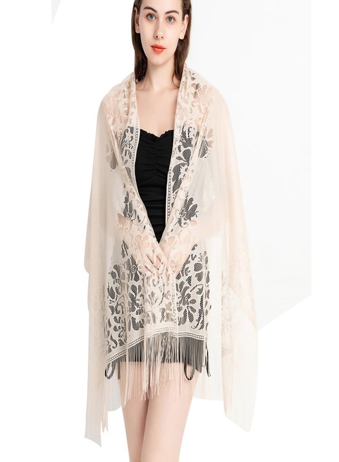 شالات فيميت الزهرية الدانتيلية للنساء - شالات وأوشحة بيج خفيفة الوزن مزينة بشراشيب لحفلات الزفاف وفساتين السهرة لوصيفات العروس (النمط 1 - بيج) - Image 3