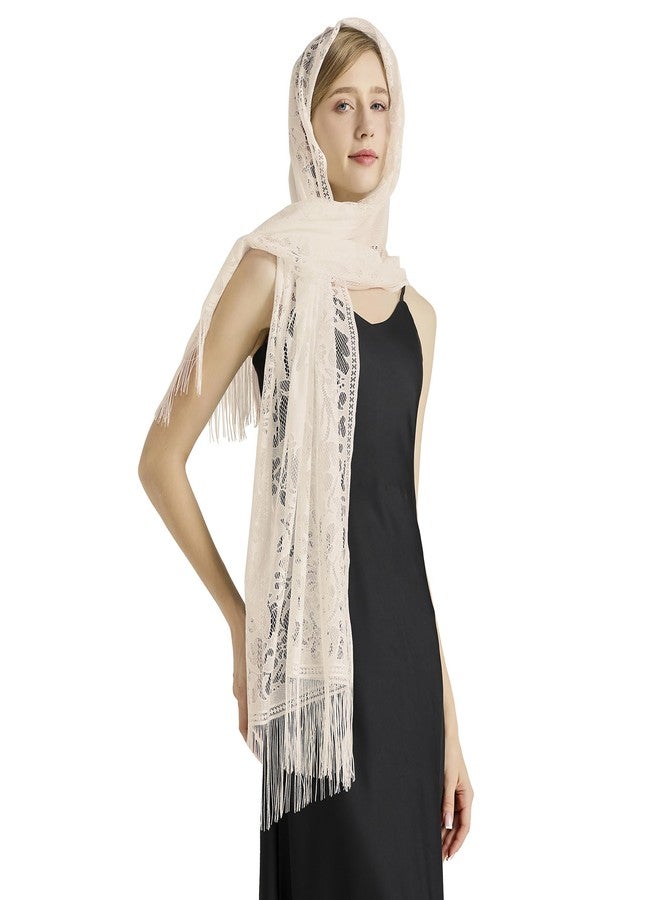 شالات فيميت الزهرية الدانتيلية للنساء - شالات وأوشحة بيج خفيفة الوزن مزينة بشراشيب لحفلات الزفاف وفساتين السهرة لوصيفات العروس (النمط 1 - بيج) - Image 4