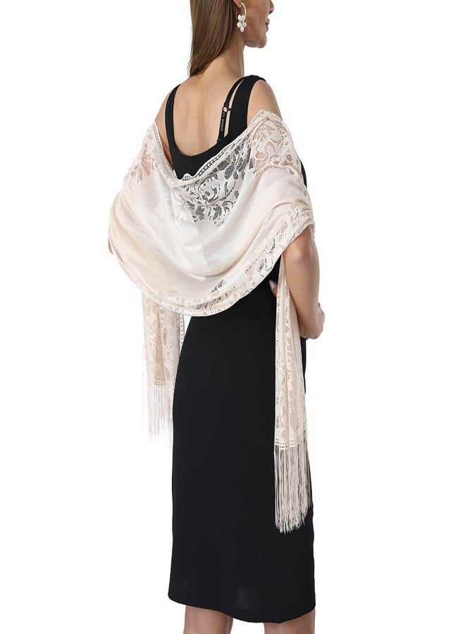 شالات فيميت الزهرية الدانتيلية للنساء - شالات وأوشحة بيج خفيفة الوزن مزينة بشراشيب لحفلات الزفاف وفساتين السهرة لوصيفات العروس (النمط 1 - بيج) - Image 1