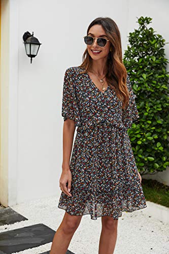 Manydress Women's Summer Floral Print V Neck Casual Mini Boho Ruffle Swing Dress MY068 (Black Print, XL) - Image 4