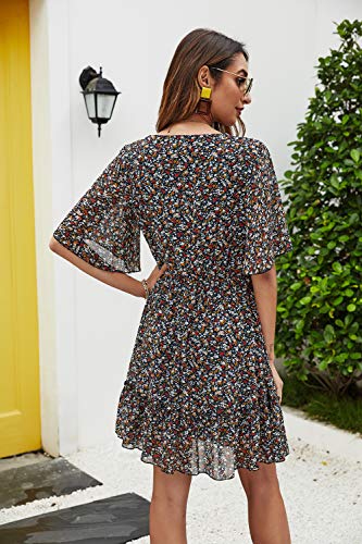 Manydress Women's Summer Floral Print V Neck Casual Mini Boho Ruffle Swing Dress MY068 (Black Print, XL) - Image 2