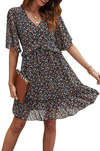Manydress Women's Summer Floral Print V Neck Casual Mini Boho Ruffle Swing Dress MY068 (Black Print, XL) - Image 1