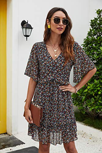 Manydress Women's Summer Floral Print V Neck Casual Mini Boho Ruffle Swing Dress MY068 (Black Print, XL) - Image 5