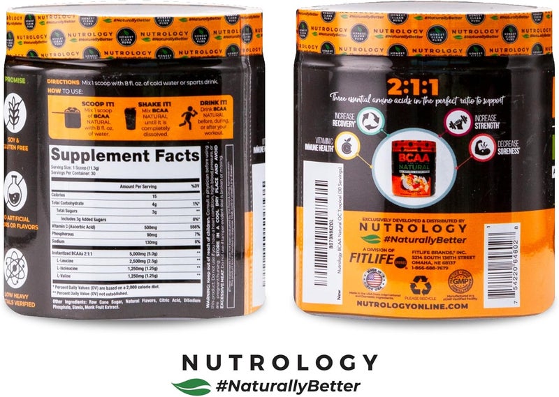 Nutrology بودرة بي سي إيه إيه الطبيعية من نوتروجي  بنكهة جوز الهند والبرتقال  نسبة 211 محسّنة من الأحماض الأمينية  مسحوق للتمرين قبل وبعد  30 حصة - Image 3