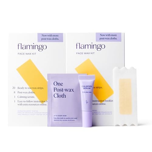 Flamingo طقم شمع الوجه للنساء من فلامينغو، طقم شمع الوجه مع 20 شريط شمع للوجه، 8 قطع قماش بعد الشمع، و 1 سيروم بعد الشمع، عبوة من 2