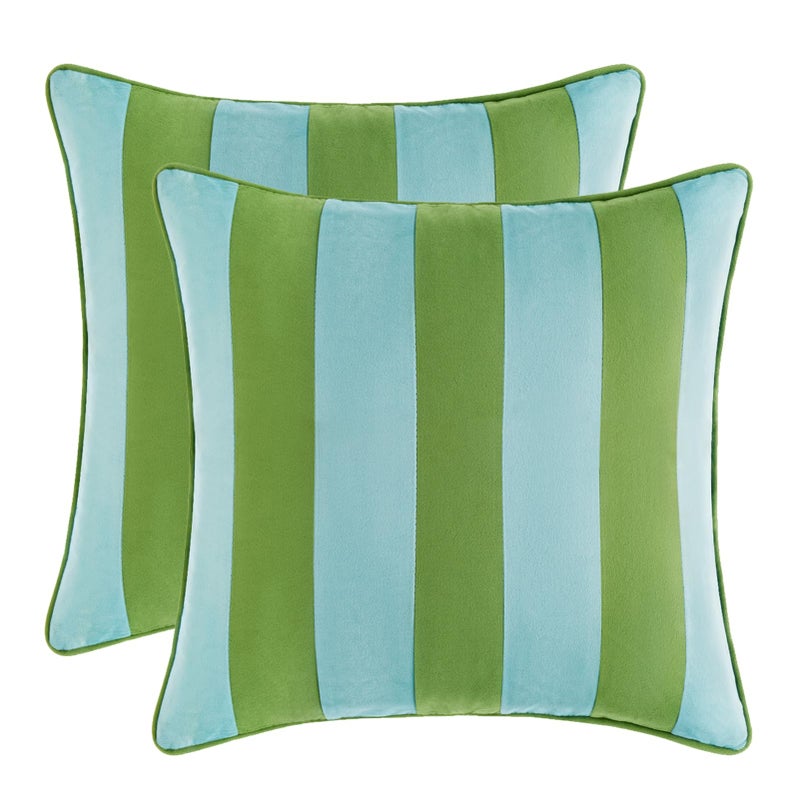 MONDAY MOOSE Decorative Throw Pillow Covers Cushion Cases, Set of 2 Soft Velvet Striped Piping Edge Designs, Pillow Inserts Not Included (18x18 inch, Light Green/Light Blue) - Image 1