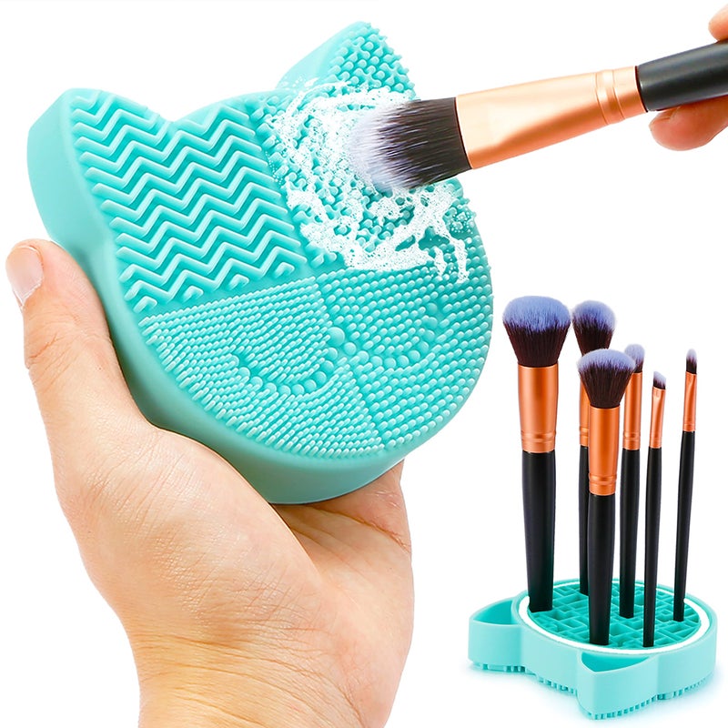 TailaiMei TailaiMei 2 in 1 Makeup Brush Cleaning Mat With Drying Holder Silicon Cat Shaped Cleaner Pad Cosmetic Organizer Rack Portable Washing Tool for Makeup Green