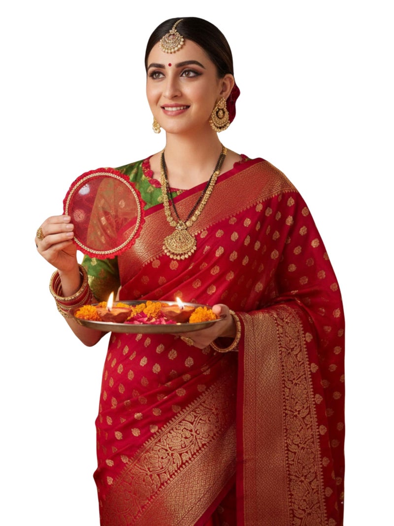 EthnicJunction Women's Red & Green Woven Design Zari Silk Blend Heavy Work Banarasi Saree | Wedding saree | Red saree - Image 1