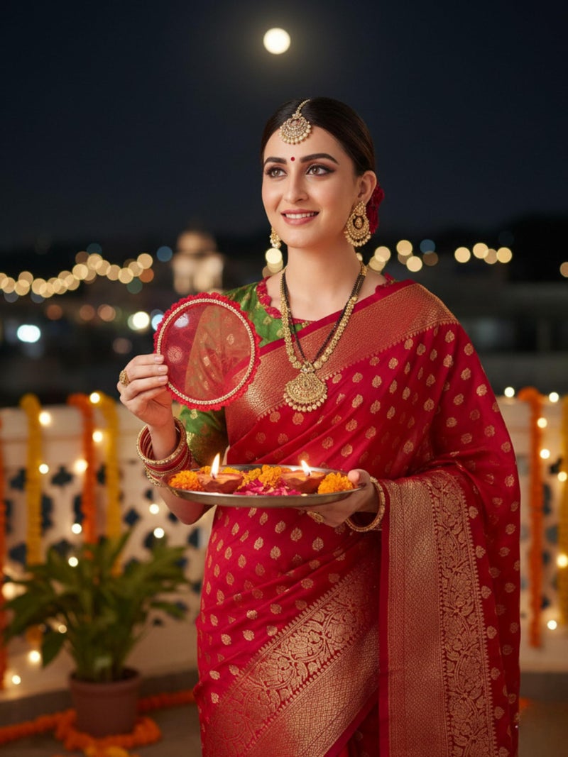 EthnicJunction Women's Red & Green Woven Design Zari Silk Blend Heavy Work Banarasi Saree | Wedding saree | Red saree - Image 2