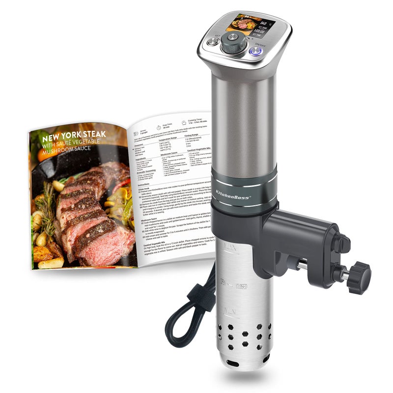 KitchenBoss Sous Vide Cooker UltraQuiet ImmersionCirculator Color LCD Recipes G320 Pro Silver Machine Brushless DC Motor1100 Watts IPX7 Waterproof