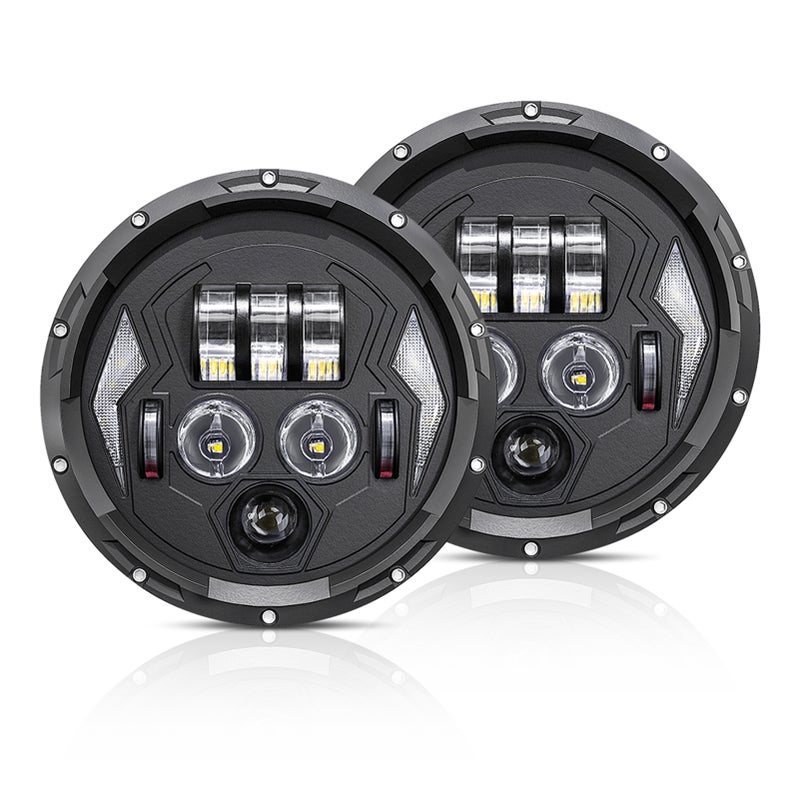 قطعتان من مصابيح أمامية سيارة ودراجة نارية LED مقاس 7 بوصات مع إشارات إضاءة طويلة الأمد/إشارات دوران/السطوع المنخفض/السطوع المرتفع - استبدال لمصباح أمامية دائري 7 بوصات لسيارة جيب رانجلر JK TJ LJ CJ مع محول من H4 إلى H13 - Image 1