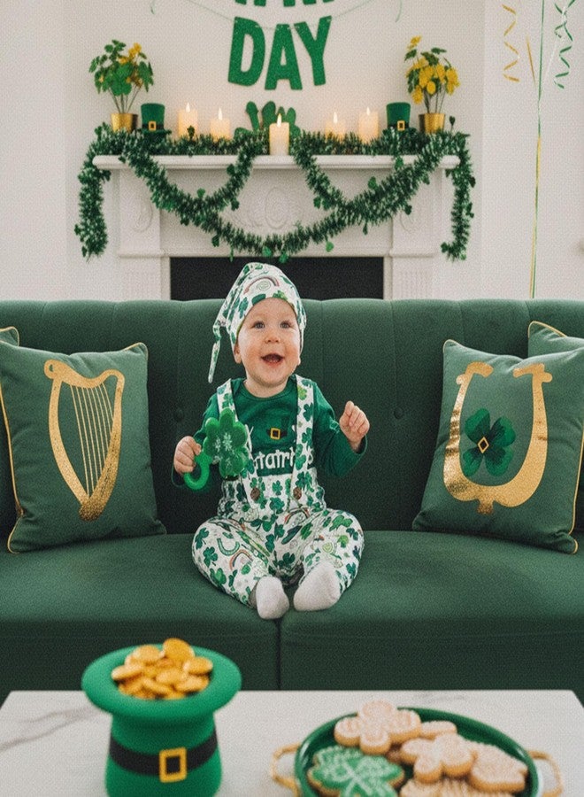 BeQeuewll ملابس أطفال أولاد من BeQueewll، طقم عيد القديس باتريك الأول، يتضمن رومبير بحرف أول + بنطلون وقبعة (أخضر، 9-12 شهرًا) - Image 2