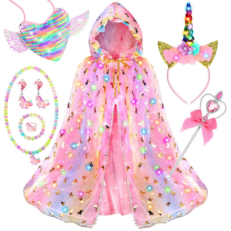 Fedio Princess Dress up for GirlsUnicorn Light up Princess Cape SetLight up Princess Dress with Unicorn Toys for Girls 38 Halloween Pink - Image 2