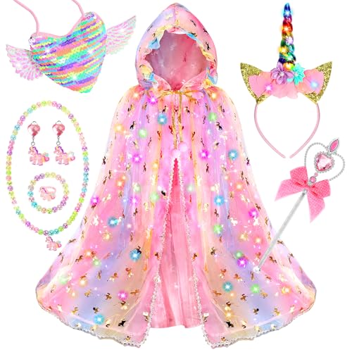 Fedio Princess Dress up for GirlsUnicorn Light up Princess Cape SetLight up Princess Dress with Unicorn Toys for Girls 38 Halloween Pink - Image 1