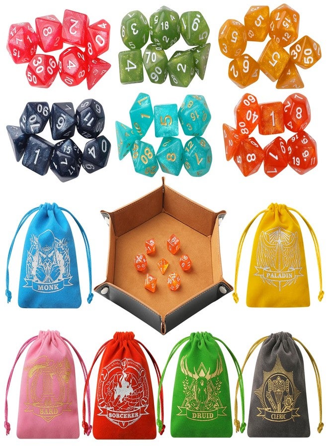 Grajar D&D Dice Set with Characters Pattern Dice Pouches, 42 Pcs polyhedral dice Set, PU Leather and Velvet dice Tray for Dungeons and Dragons D&D RPG MTG Table Games Starry Sky - Image 1