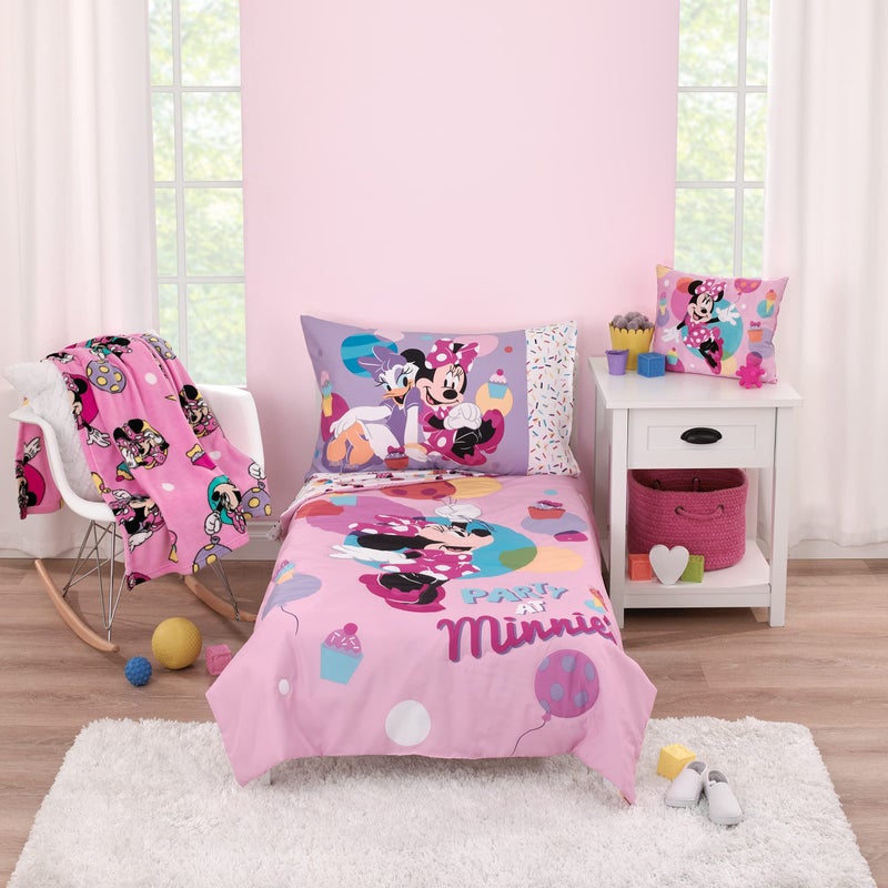 Disney Minnie Mouse Lets Party Pink Balloons Cupcakes and Confetti Party at Minnies 4 Piece Toddler Bed Set Comforter Fitted Bottom Sheet Flat Top Sheet and Reversible Pillowcase
