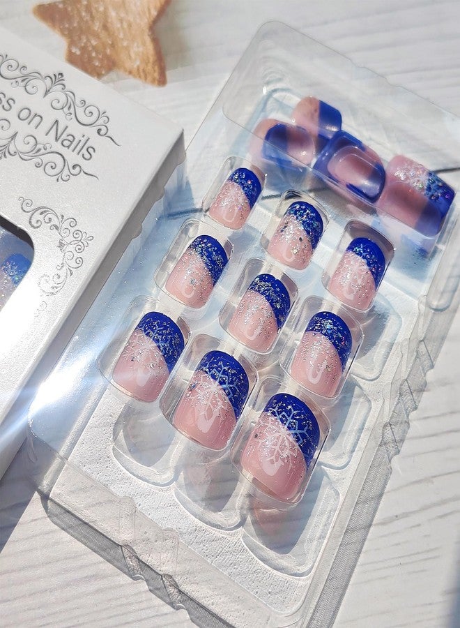 Mkwntg Christmas Press on Nails Short Square Fake Nails with Snowflake Designs Glossy Blue French Tip Glue on Nails Bling Sequins Sparkly False Nails Winter Xmas Acrylic Nails for Women Girls 24Pcs - Image 3