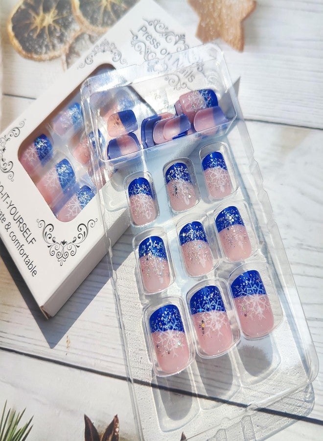 Mkwntg Christmas Press on Nails Short Square Fake Nails with Snowflake Designs Glossy Blue French Tip Glue on Nails Bling Sequins Sparkly False Nails Winter Xmas Acrylic Nails for Women Girls 24Pcs - Image 2