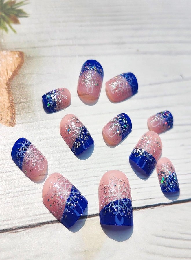 Mkwntg Christmas Press on Nails Short Square Fake Nails with Snowflake Designs Glossy Blue French Tip Glue on Nails Bling Sequins Sparkly False Nails Winter Xmas Acrylic Nails for Women Girls 24Pcs - Image 5