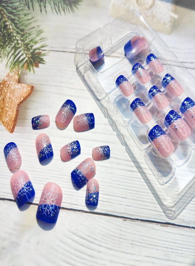 Mkwntg Christmas Press on Nails Short Square Fake Nails with Snowflake Designs Glossy Blue French Tip Glue on Nails Bling Sequins Sparkly False Nails Winter Xmas Acrylic Nails for Women Girls 24Pcs - Image 4
