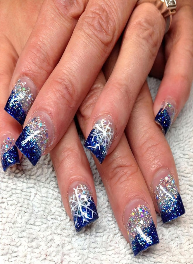 Mkwntg Christmas Press on Nails Short Square Fake Nails with Snowflake Designs Glossy Blue French Tip Glue on Nails Bling Sequins Sparkly False Nails Winter Xmas Acrylic Nails for Women Girls 24Pcs - Image 1