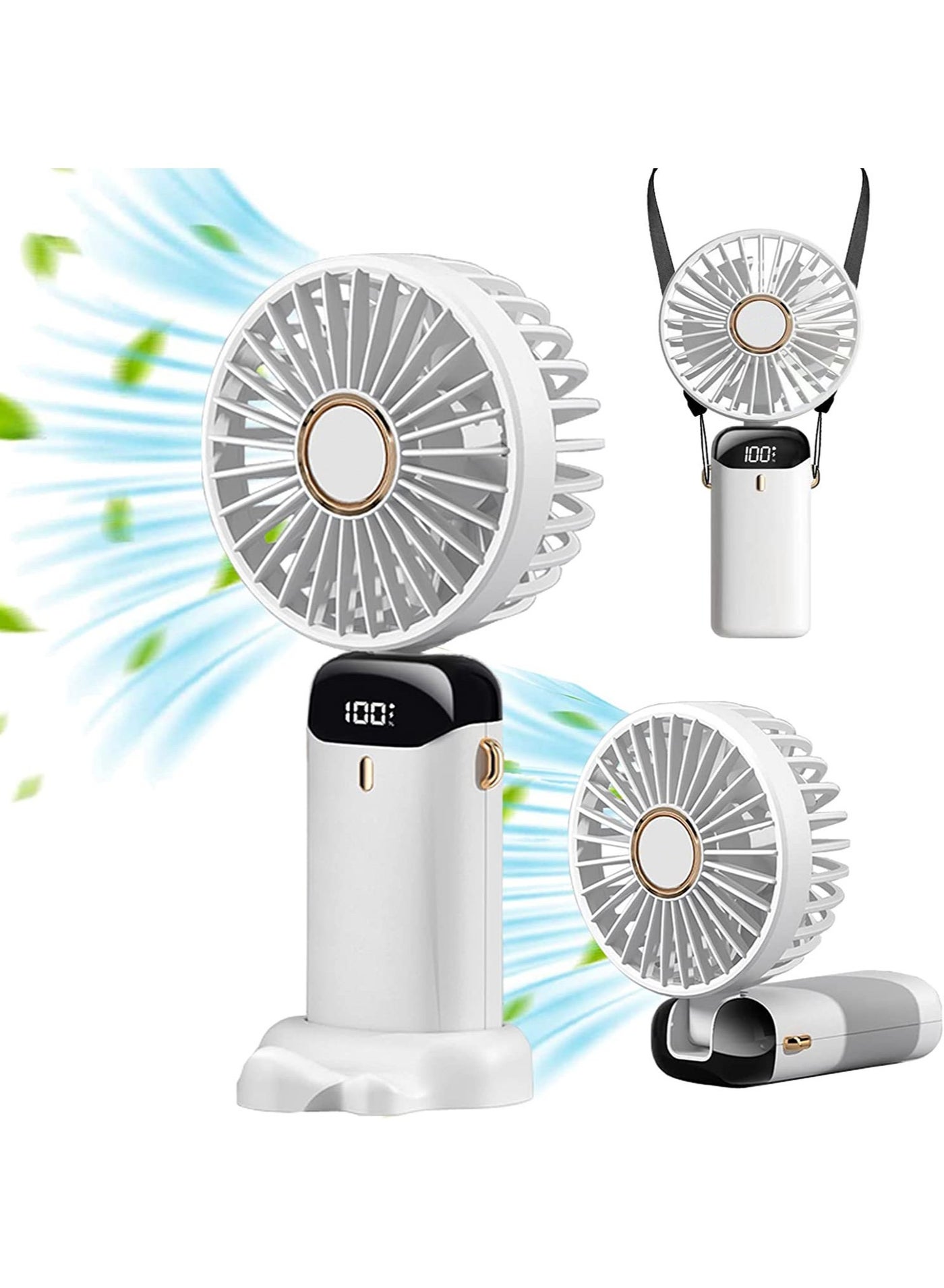 Mini Handheld Fan, Portable Personal Fan Neck Mount Fan 90° Adjustable USB Rechargeable 3000mAh Small Desktop Fan 5 Speeds for Home Office Travel (White)