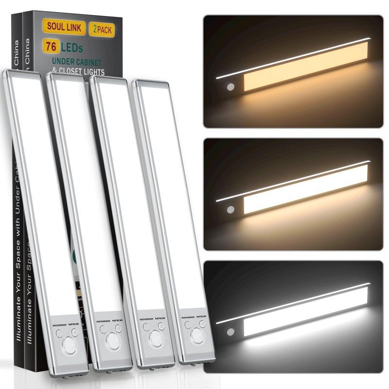 SOUL LINK Under Cabinet Lights 76 LED Operated Motion Sensor Light Indoor 1500mAh USB Rechargeable Closet Lights 4 Pack Magnetic Dimmable Wireless Under Counter Lights for Kitchen Stairs - Image 2