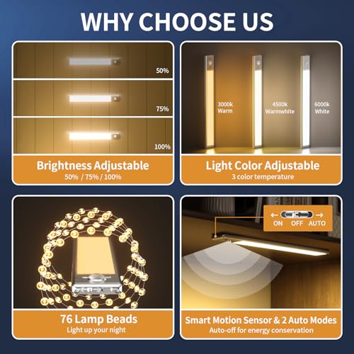 SOUL LINK Under Cabinet Lights 76 LED Operated Motion Sensor Light Indoor 1500mAh USB Rechargeable Closet Lights 4 Pack Magnetic Dimmable Wireless Under Counter Lights for Kitchen Stairs - Image 3