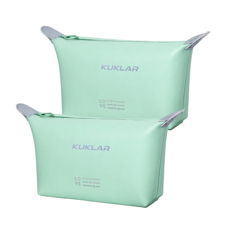 KUKLAR حقيبة كوكلار الصغيرة لمستحضرات التجميل للنساء - حقيبة مكياج مقاومة للماء للسفر - حقيبة بورتابل بسحاب - مجموعة من 2 (أخضر نعناعي) - Image 1