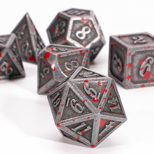 HNCCESG Metal Polyhedral DND Dice Set7Piece Solid Metal RPG Dice for Tabletop Gaming Silver Blood - Image 1