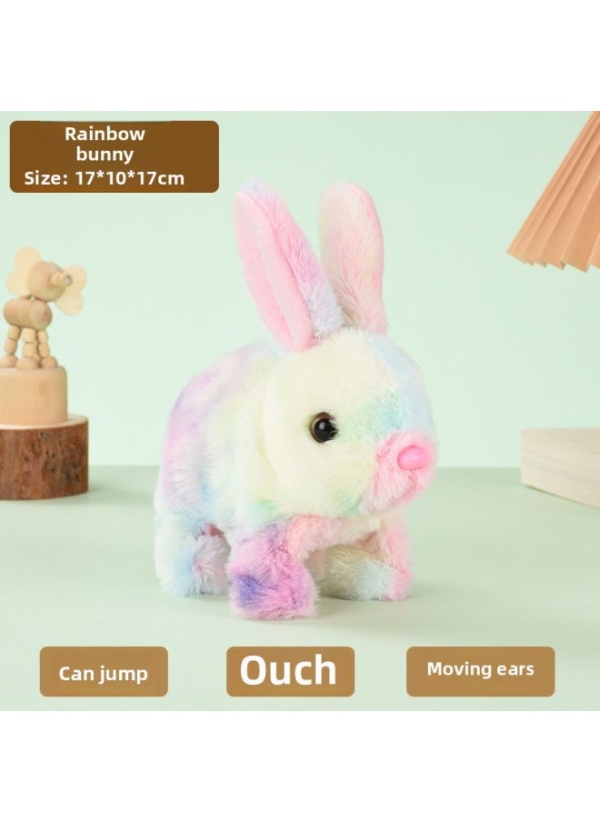 Plush Electric White Rabbit Pet Will Walk Call Mouth Shake Ears Long Plush Rabbit Toy Plush Electric White-Color:Rainbow Rabbit [colorful]  - Image 1