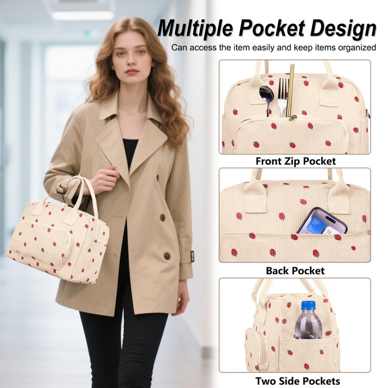 FITDON Insulated Lunch Bag for Women Men, Large Lunch Box Container Leakproof Corduroy Cooler Bag Lunch Tote Bag for Work Picnic, Beige Strawberry - Image 4