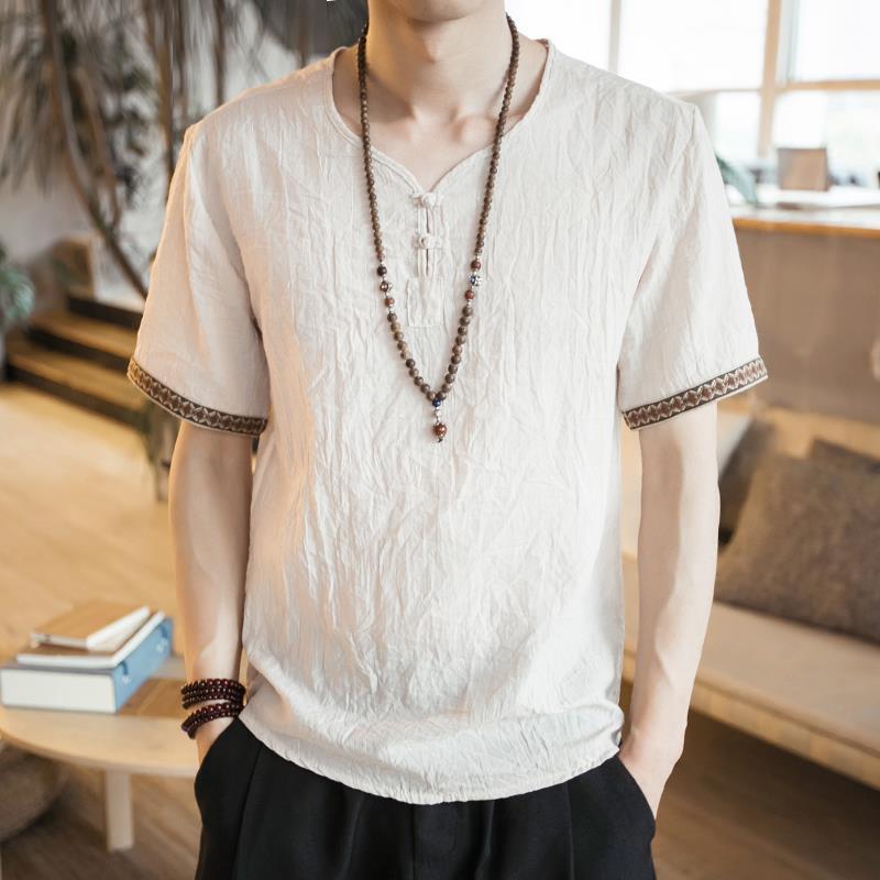 Chinese Style Men's Buckle Linen T-shirt Summer Loose Short-sleeved plus size T-shirt Thin Chinese Style Vintage Cotton and Linen T-shirt - Image 2