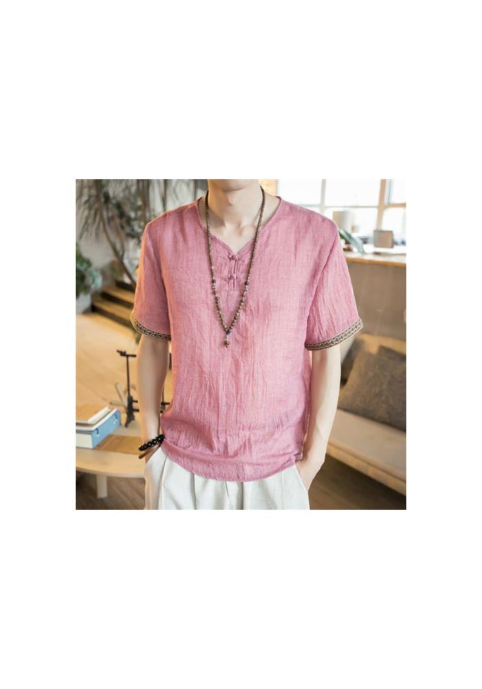 Chinese Style Men's Buckle Linen T-shirt Summer Loose Short-sleeved plus size T-shirt Thin Chinese Style Vintage Cotton and Linen T-shirt - Image 1