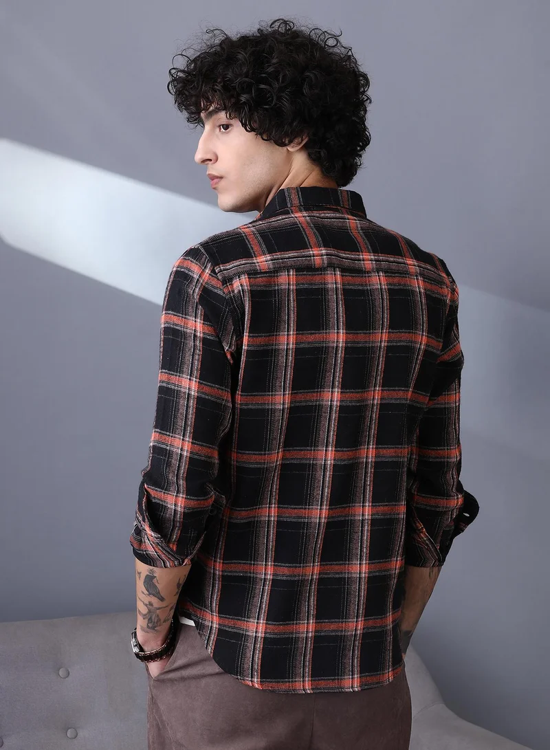 Campus Sutra Campus Sutra Men's Onyx Black Shadow-Graph Regular Shirt For Casual Wear | Spread Collar | Long Cuffed Sleeves | Button Closure | Shirt Crafted With Comfort Fit For Everyday Wear