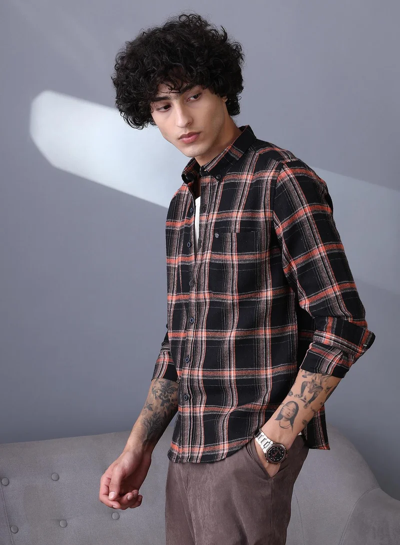 Campus Sutra Campus Sutra Men's Onyx Black Shadow-Graph Regular Shirt For Casual Wear | Spread Collar | Long Cuffed Sleeves | Button Closure | Shirt Crafted With Comfort Fit For Everyday Wear