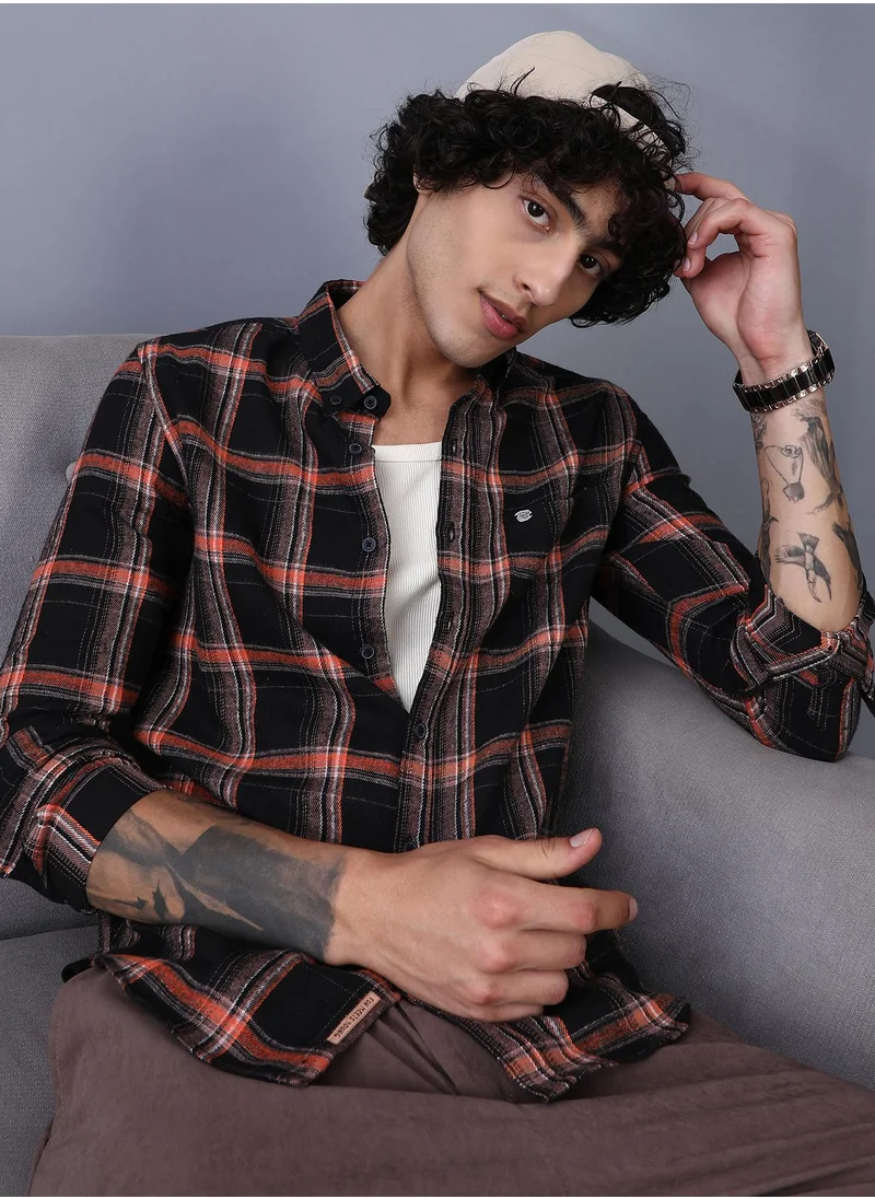 Campus Sutra Campus Sutra Men's Onyx Black Shadow-Graph Regular Shirt For Casual Wear | Spread Collar | Long Cuffed Sleeves | Button Closure | Shirt Crafted With Comfort Fit For Everyday Wear
