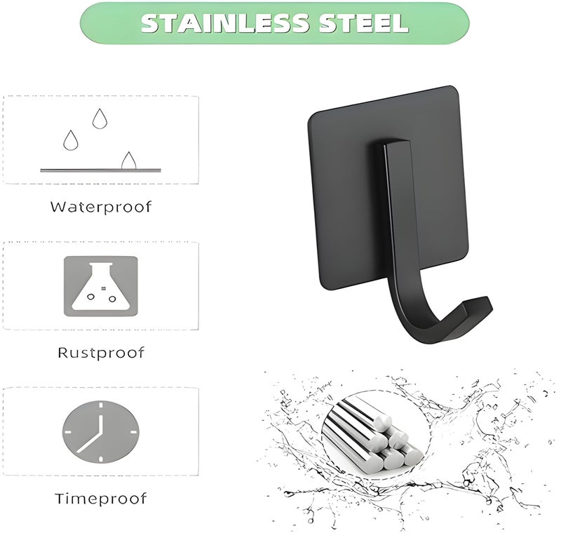 JIALTO 4 pcs Self-Adhesive Stainless Steel Hooks: Heavy-Duty Wall Hangings, Waterproof & Drill-Free - Strong Towel, Coat, and Kitchen Hooks for Bathroom and Kitchen (matt j Hook Black) - Image 5